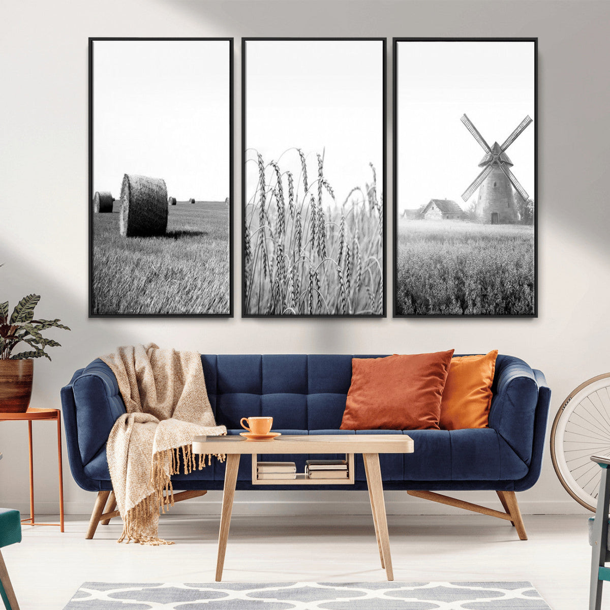 Vintage Farmhouse Black and White Triptych Wall Art – Giclee