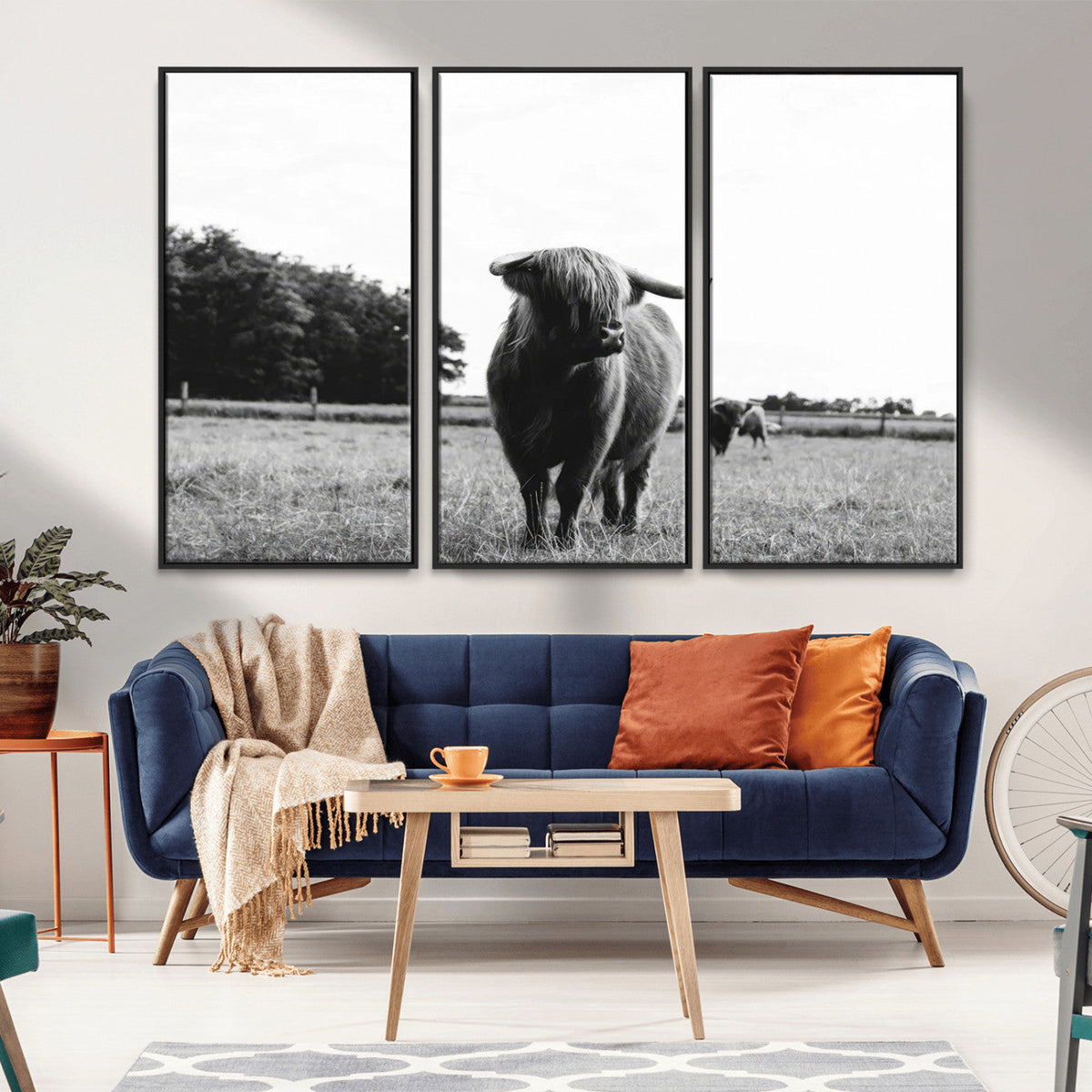 Black and White Highland Cow Wall Art Canvas Print | Rustic
