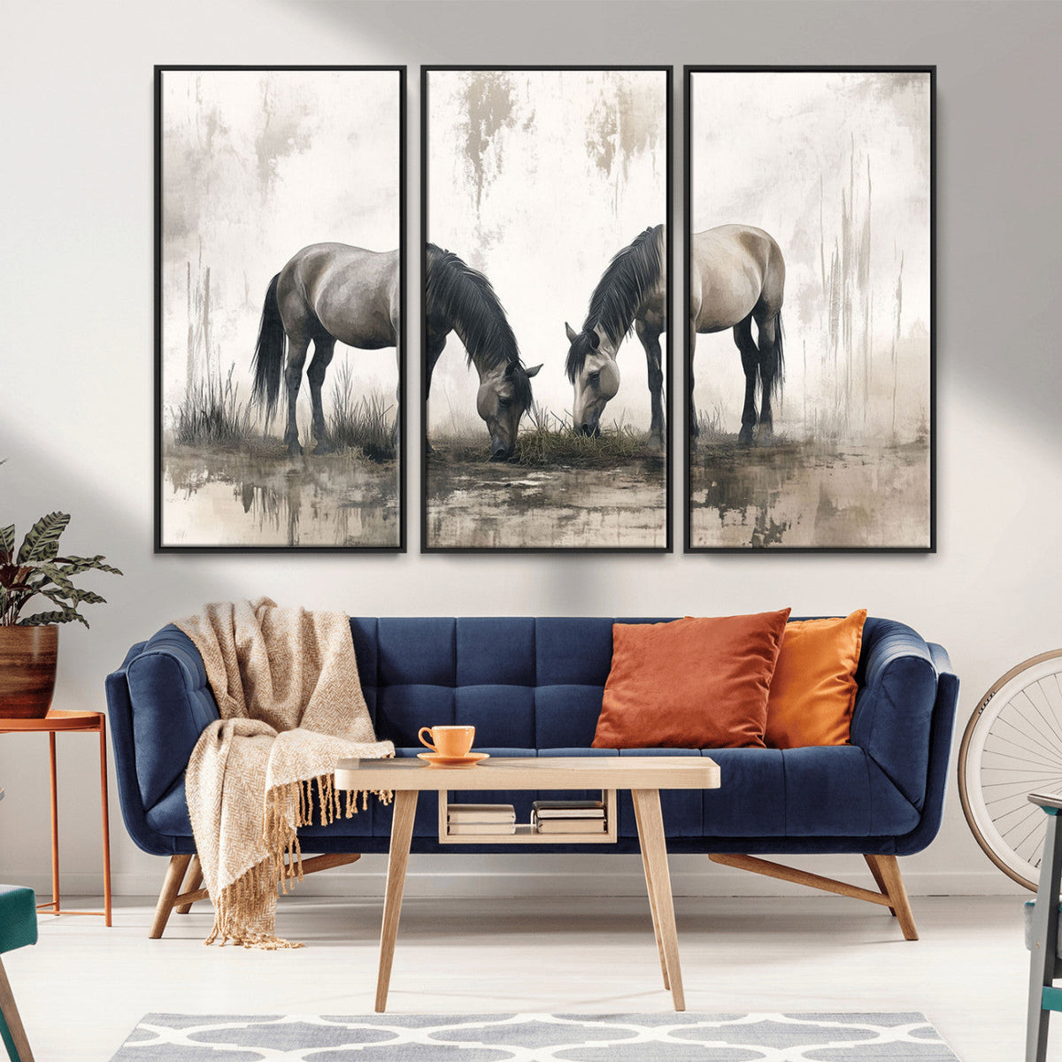 Chines Ink Style Vintage Horses Wall Art Canvas Print for