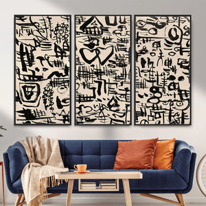 Abstract Love and Chaos Canvas Print, Black Symbols on Beige