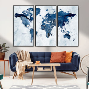 Modern Blue World Map Canvas Print – Framed Wall Art,
