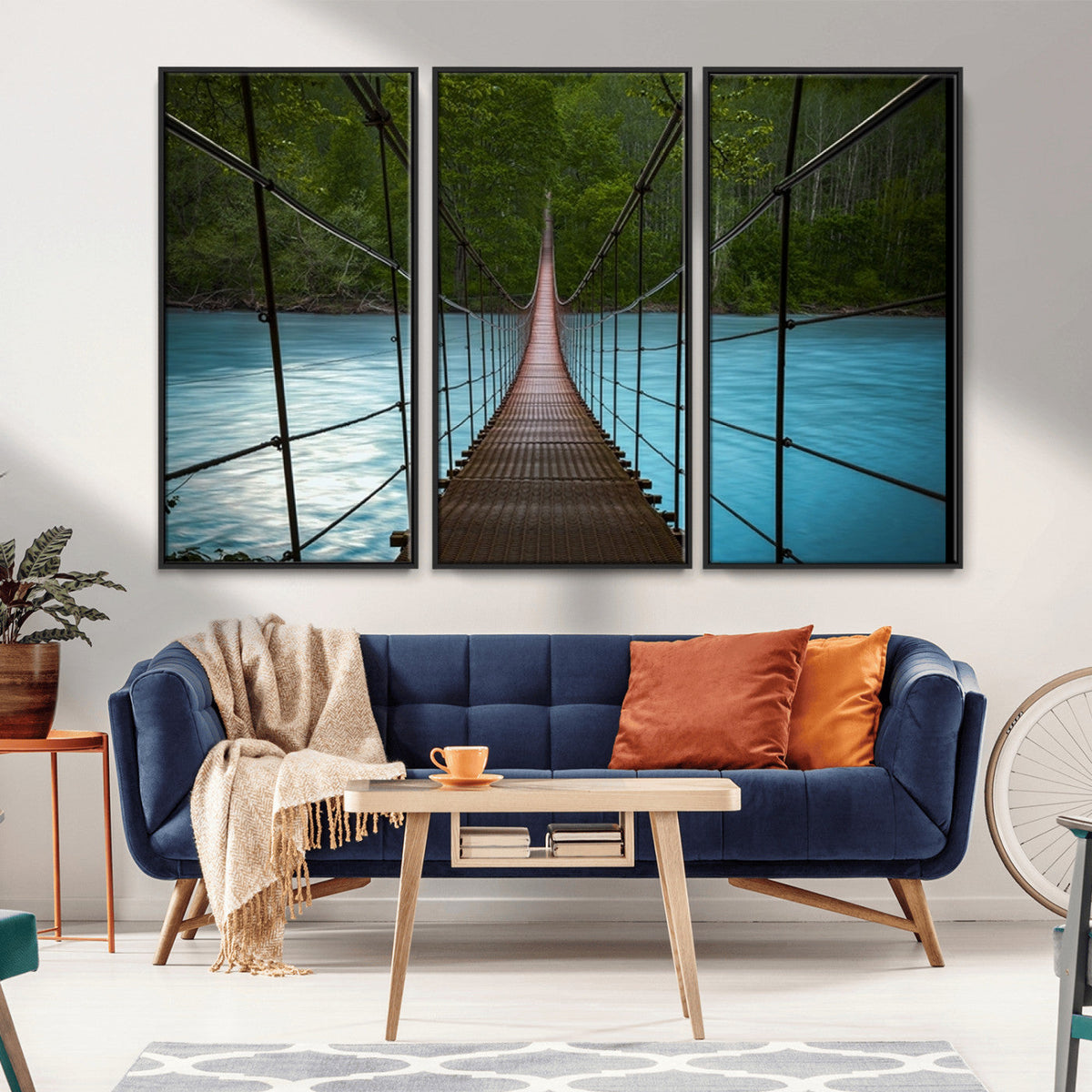 Suspension Bridge Over River Canvas Art | 3-Panel Nature