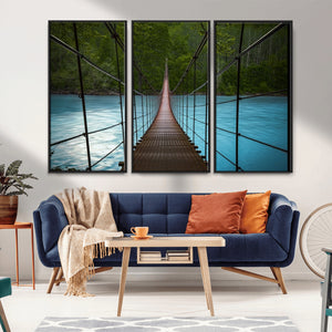 Suspension Bridge Over River Canvas Art | 3-Panel Nature