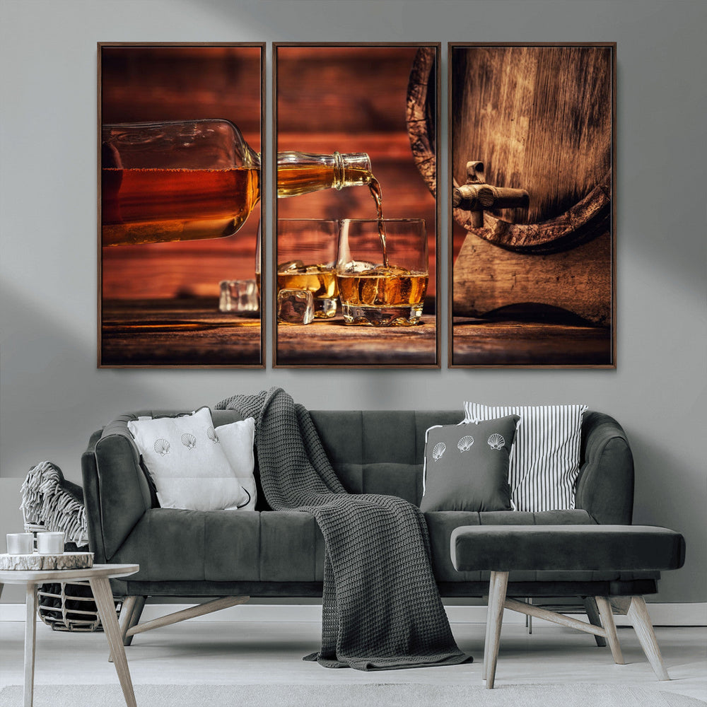 Whiskey and Cigar Canvas Wall Art | 3 Panel Bar Room Decor