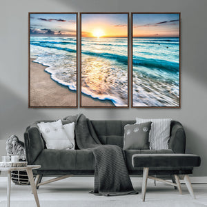 Sunset Beach Waves Canvas Wall Art – 5-Panel Ocean Sunset