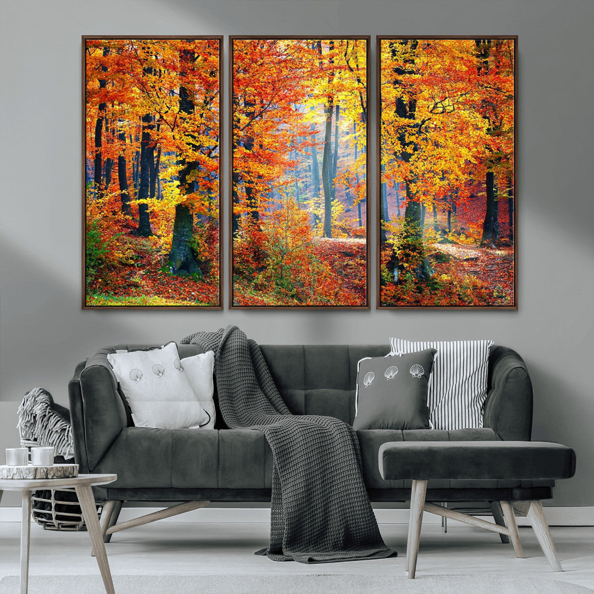 Autumn Red Forest Triptych Canvas Wall Art Print, Forest