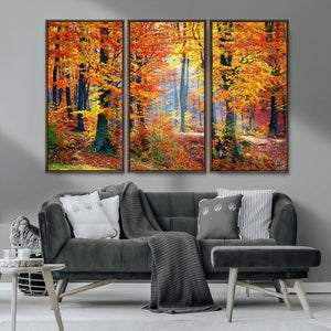 Autumn Red Forest Triptych Canvas Wall Art Print, Forest