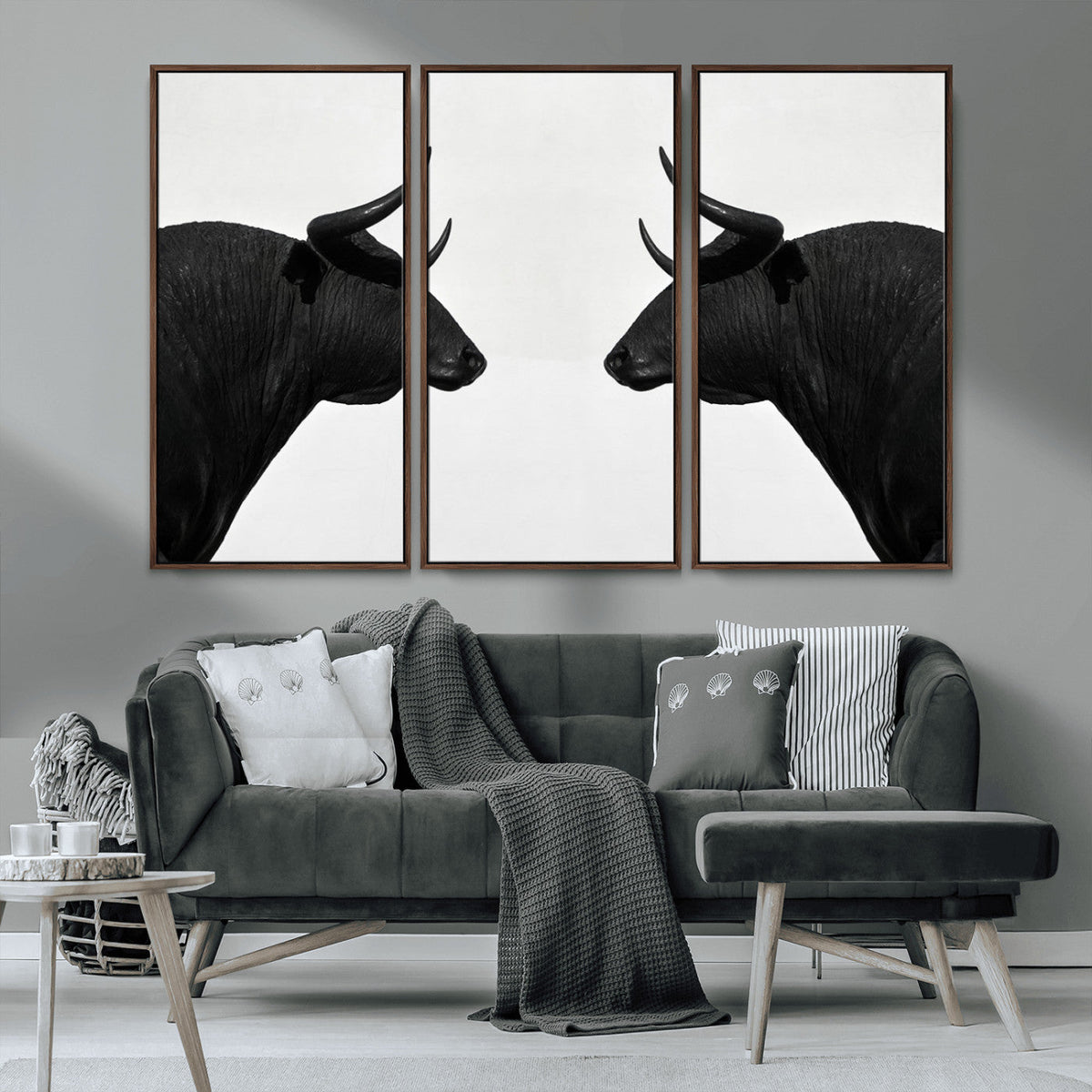 Spanish Bull Art - Framed Black and White Bull Canvas Print