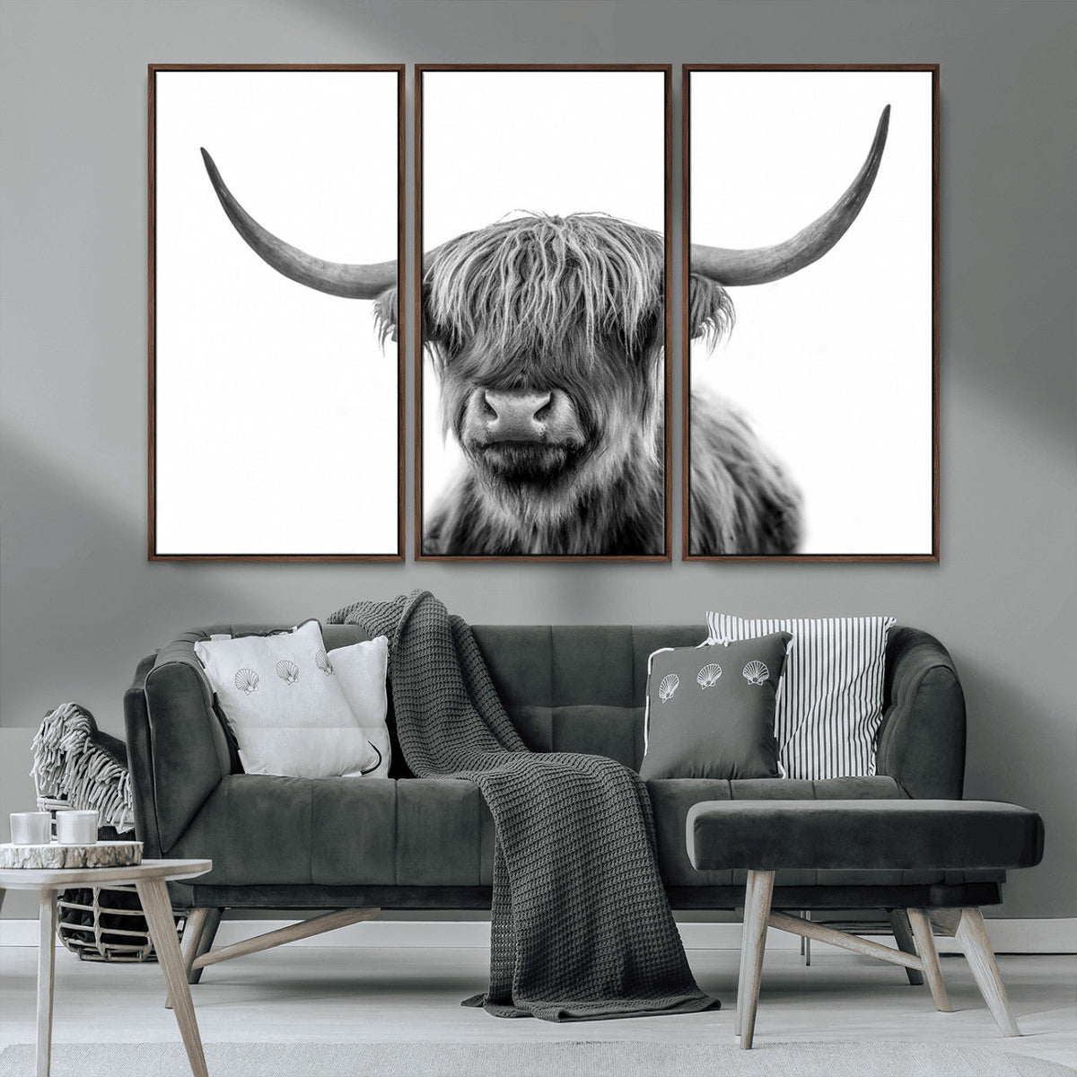 Grayscale Scottish Highland Cow Cattle Art Print Farmhouse