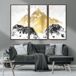 Golden Mountain Triptych Wall Art Canvas Print, Modern