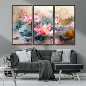 Lotus Flower Wall Art | 3-Panel Giclee Canvas Print of Pink