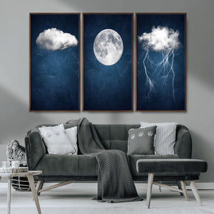 Dark Blue Cloud Art, 3 Piece Indigo Blue Wall Art, Aesthetic