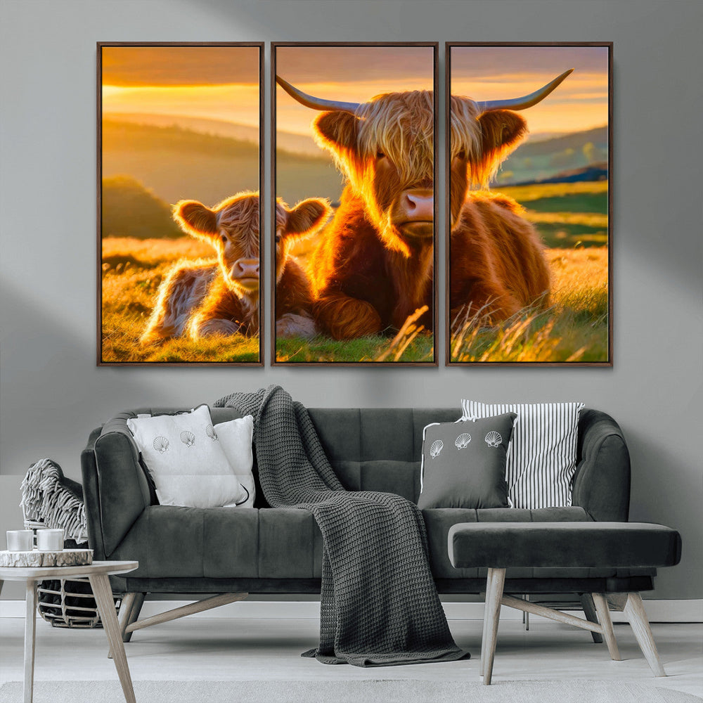 Scottish Cow and Baby Cow Canvas Wall Art Animal Print