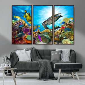 Colorful Coral Reef and Sea Life Turtle Canvas Print,