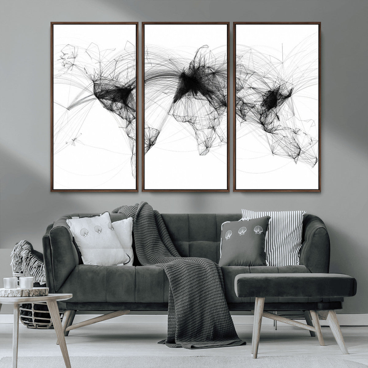 Abstract World Map Wall Art – Framed Geometric Line Canvas