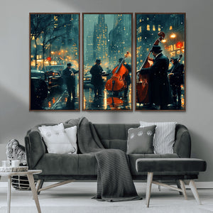 Urban Night Jazz Wall Art Canvas Print – Moody Rain-Soaked