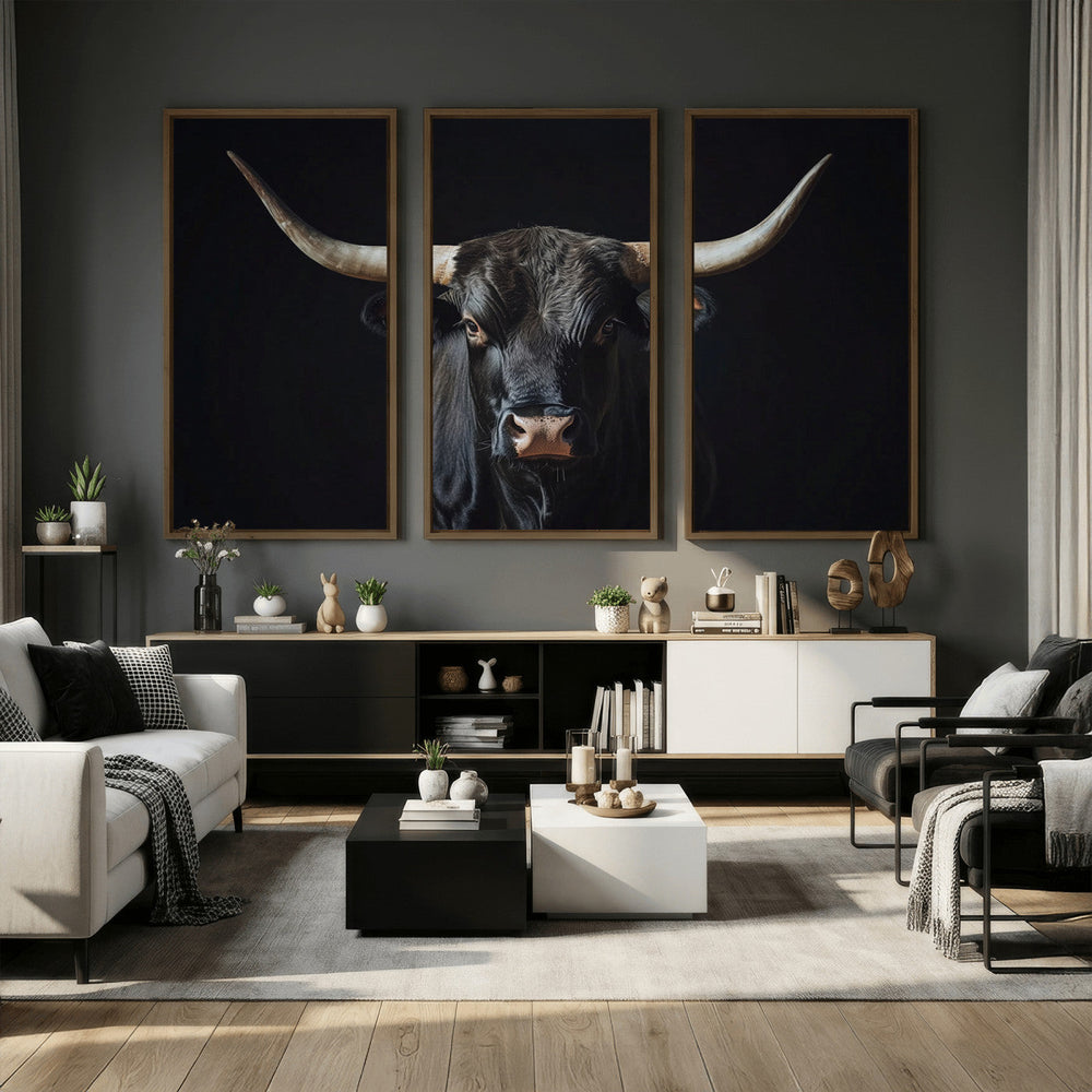 Majestic Longhorn Bull Wall Art Canvas Print – Dark