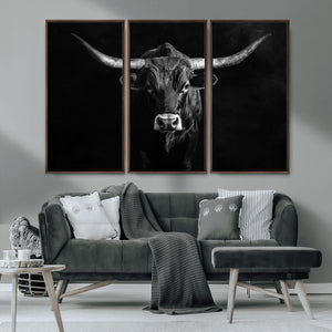Texas Longhorn Wall Art Canvas Print – Framed Monochrome