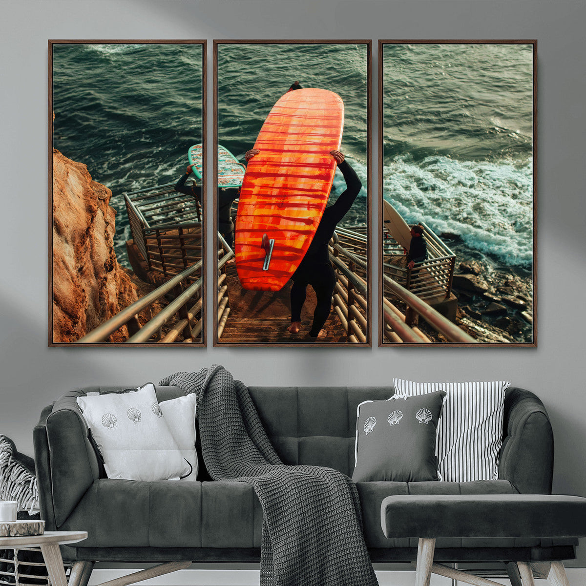 Surfer Stairway Wall Art – Framed Ocean Surf Canvas Artwork,