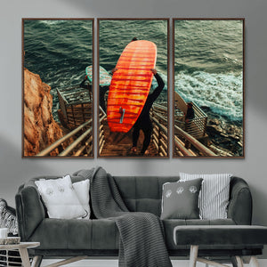 Surfer Stairway Wall Art – Framed Ocean Surf Canvas Artwork,