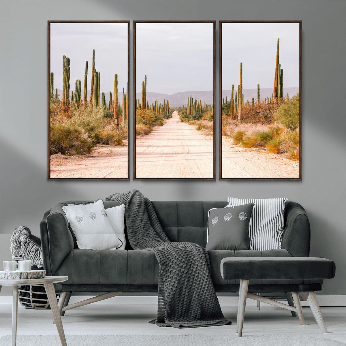 Desert Cactus Lined Road Wall Art Canvas Print – Framed