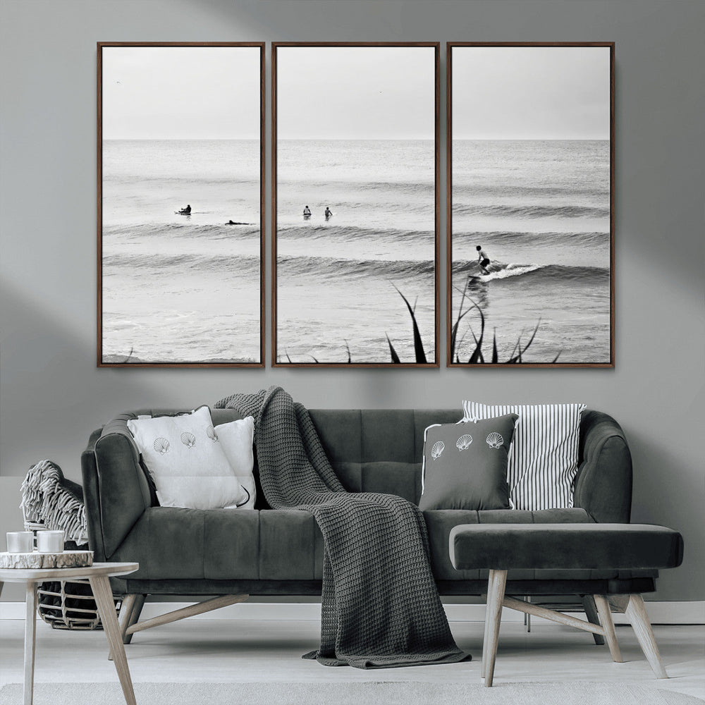 Surfer Silhouette Wall Art – Framed Calm Ocean Canvas