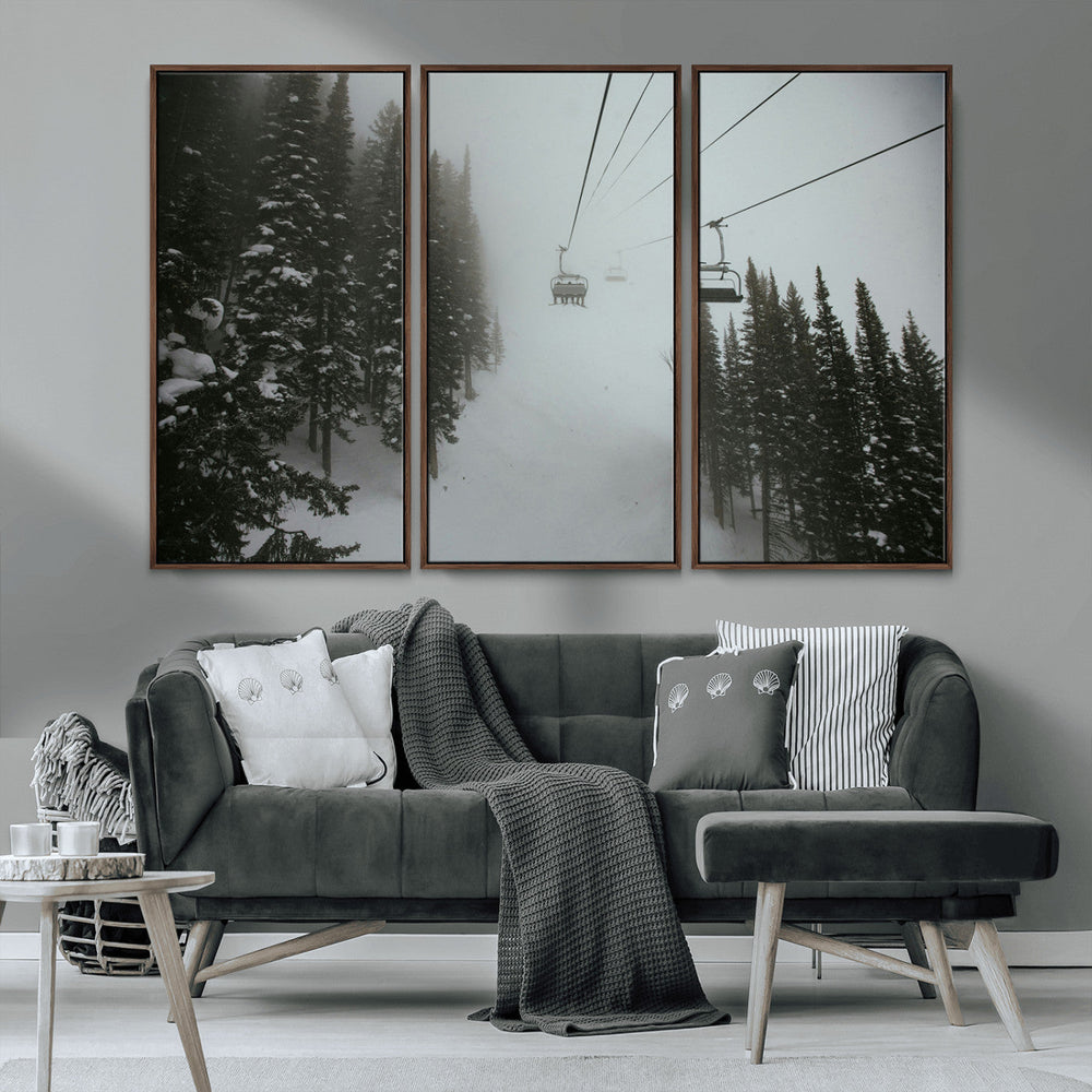Ski Lift Wall Art Canvas Print – Snowy Pines Misty Landscape