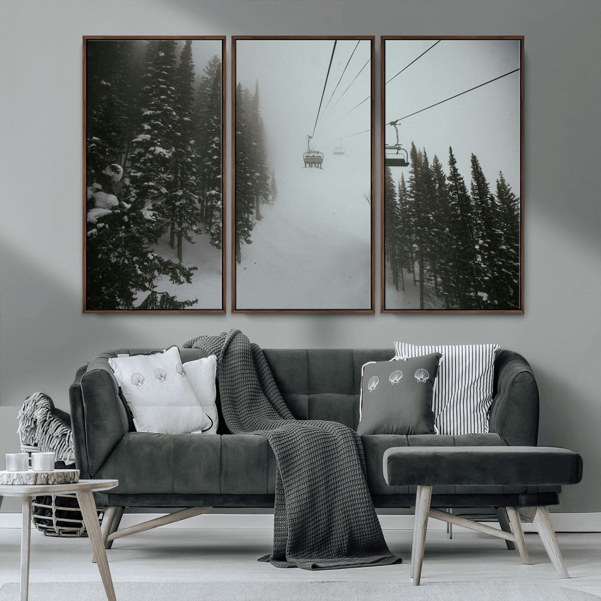 Ski Lift Wall Art Canvas Print – Snowy Pines Misty Landscape