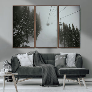 Ski Lift Wall Art Canvas Print – Snowy Pines Misty Landscape