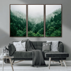 Misty Green Forest Canvas Print – Framed Serene Foggy Pine