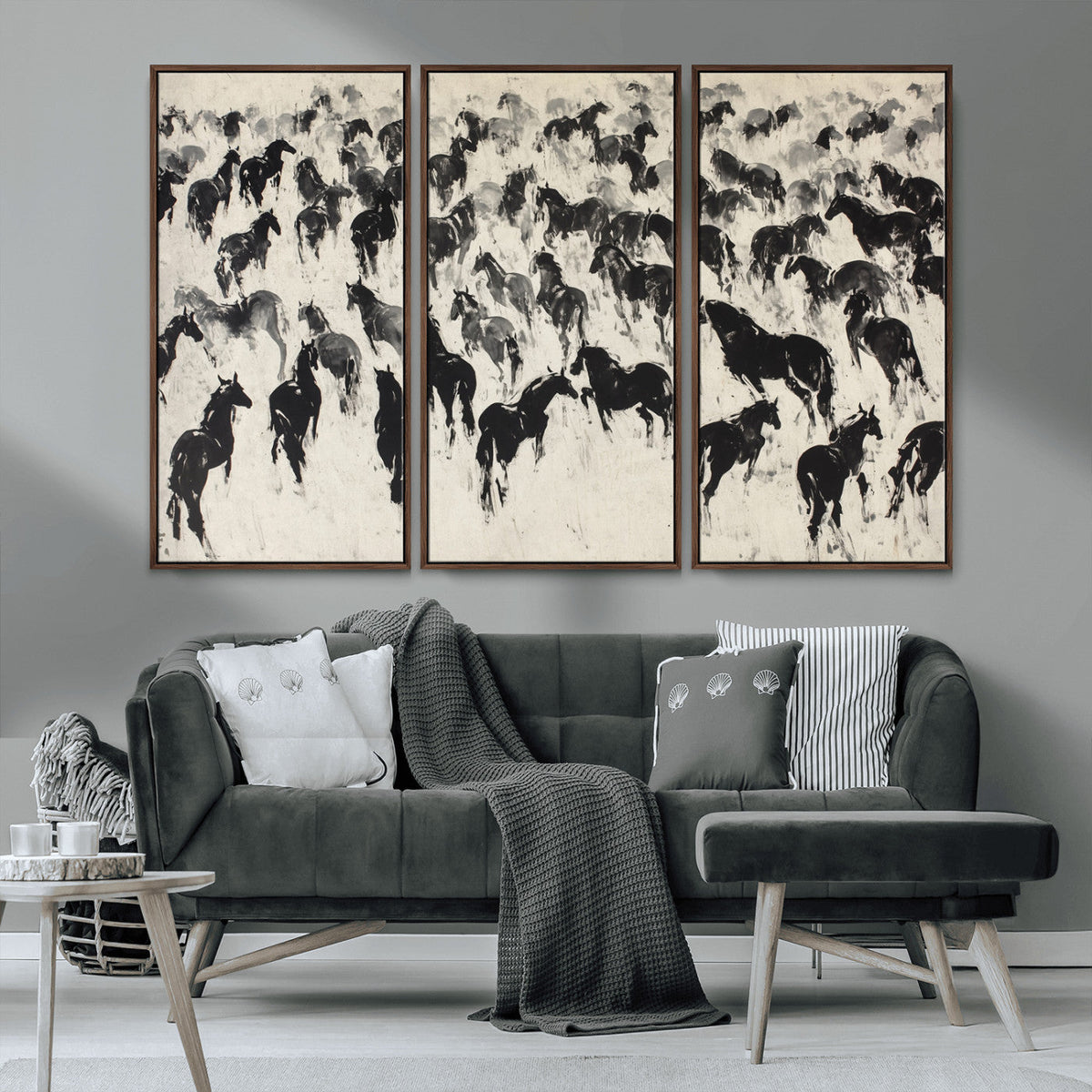 Wild Horse Stampede Wall Art Canvas Print – Monochrome