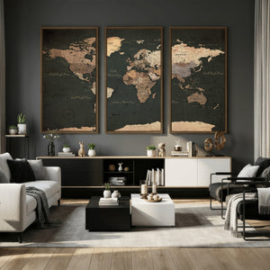 Vintage World Map Canvas Wall Art – Framed Travel Map for