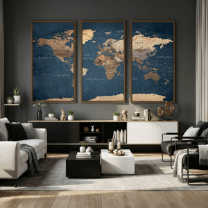 Navy Blue World Map Canvas Print – Framed Travel Map Wall