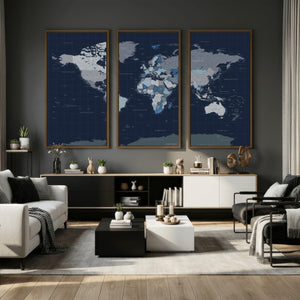 Blue Detailed World Map Wall Art Canvas Print, Modern Framed