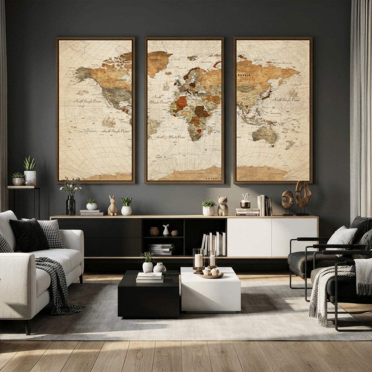 Rustic Vintage World Map Canvas Print – Framed Modern