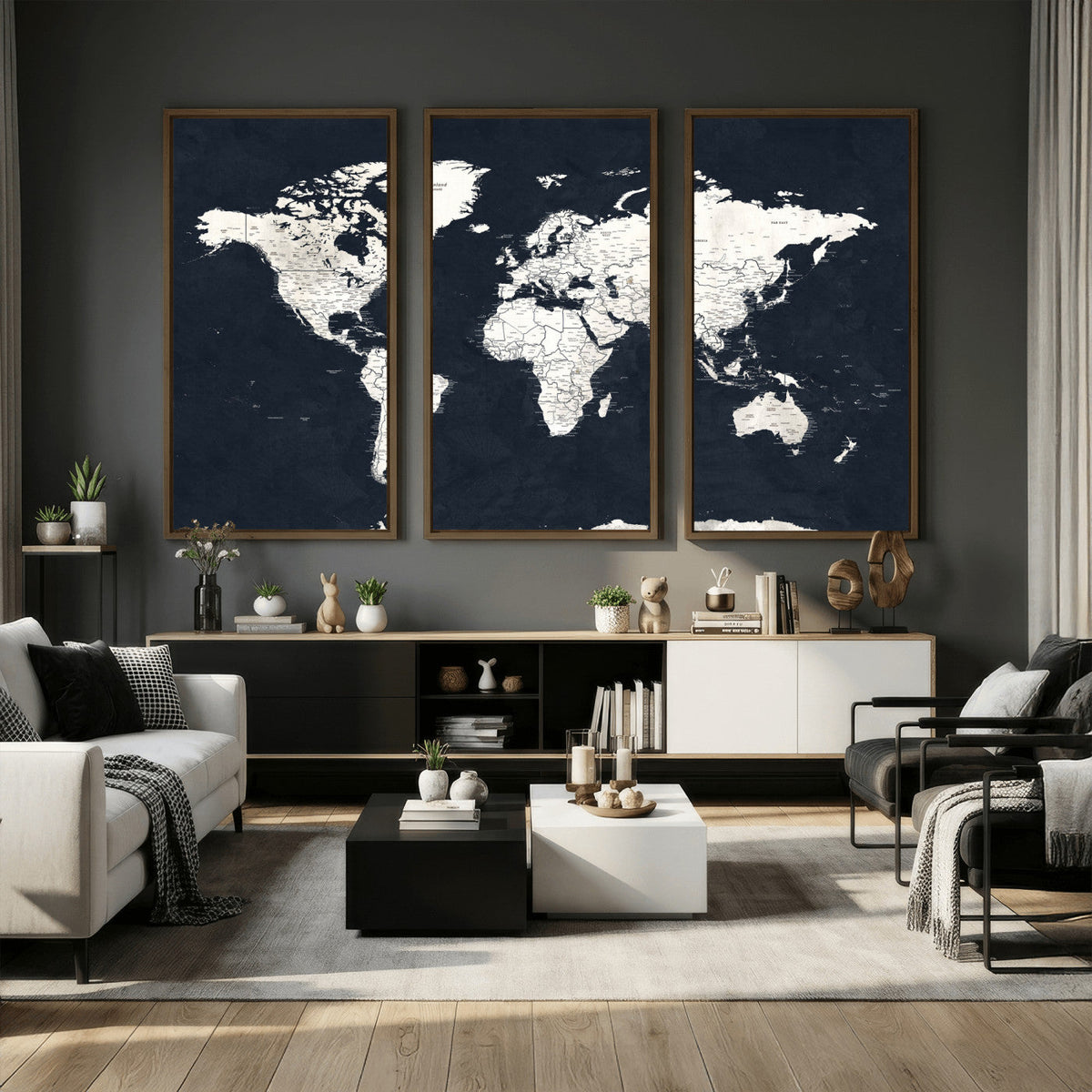 Black World Map Wall Art Canvas Print for Home Office and