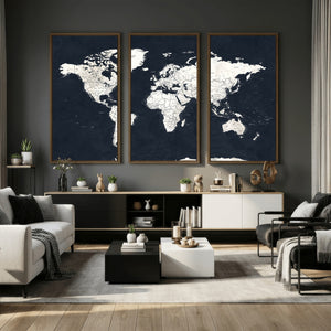 Black World Map Wall Art Canvas Print for Home Office and