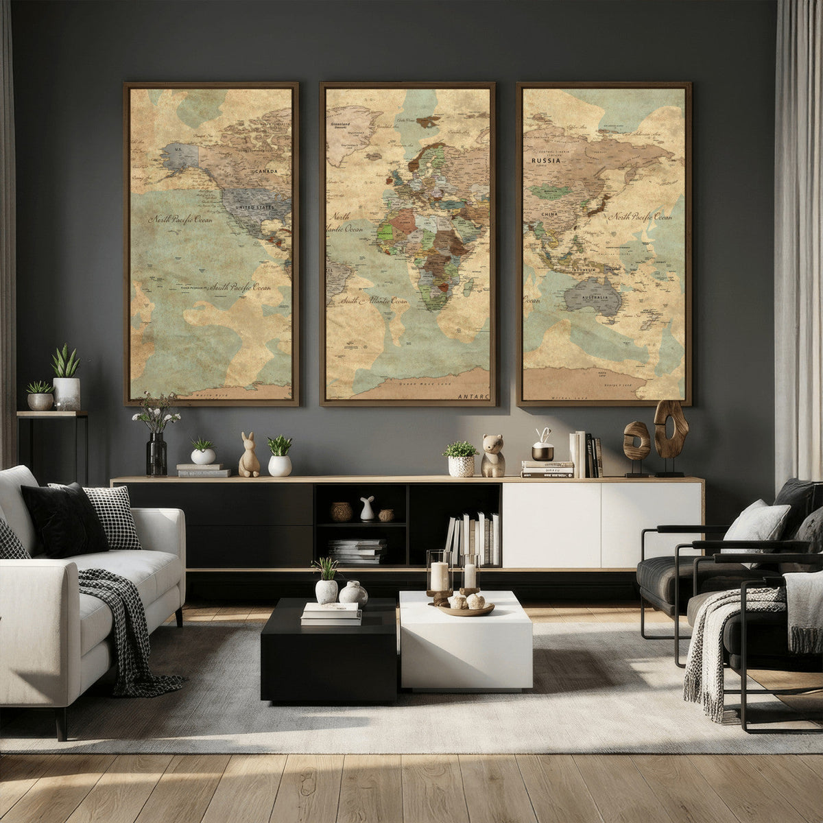 Vintage World Map Wall Art | Ready to Hang and Framed