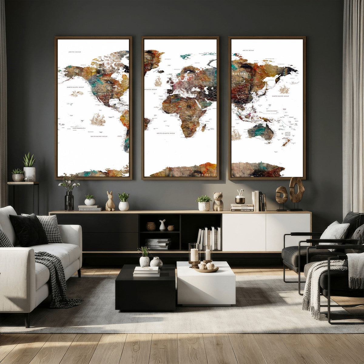 Watercolor World Map Canvas Print – Detailed Map of the