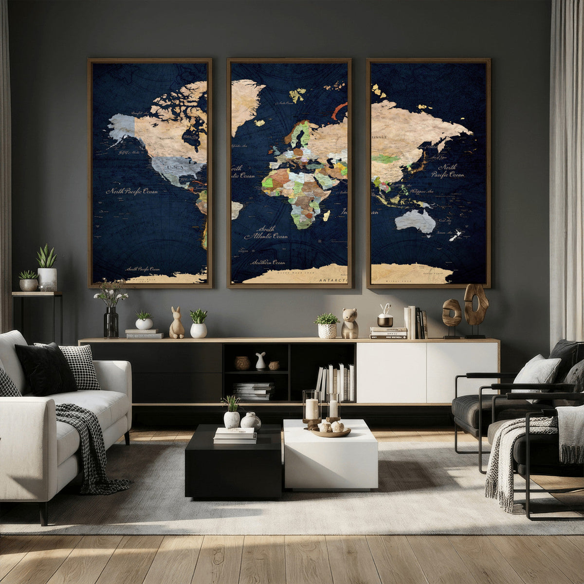 Minimalist World Map Canvas Wall Art - Watercolor Blue and