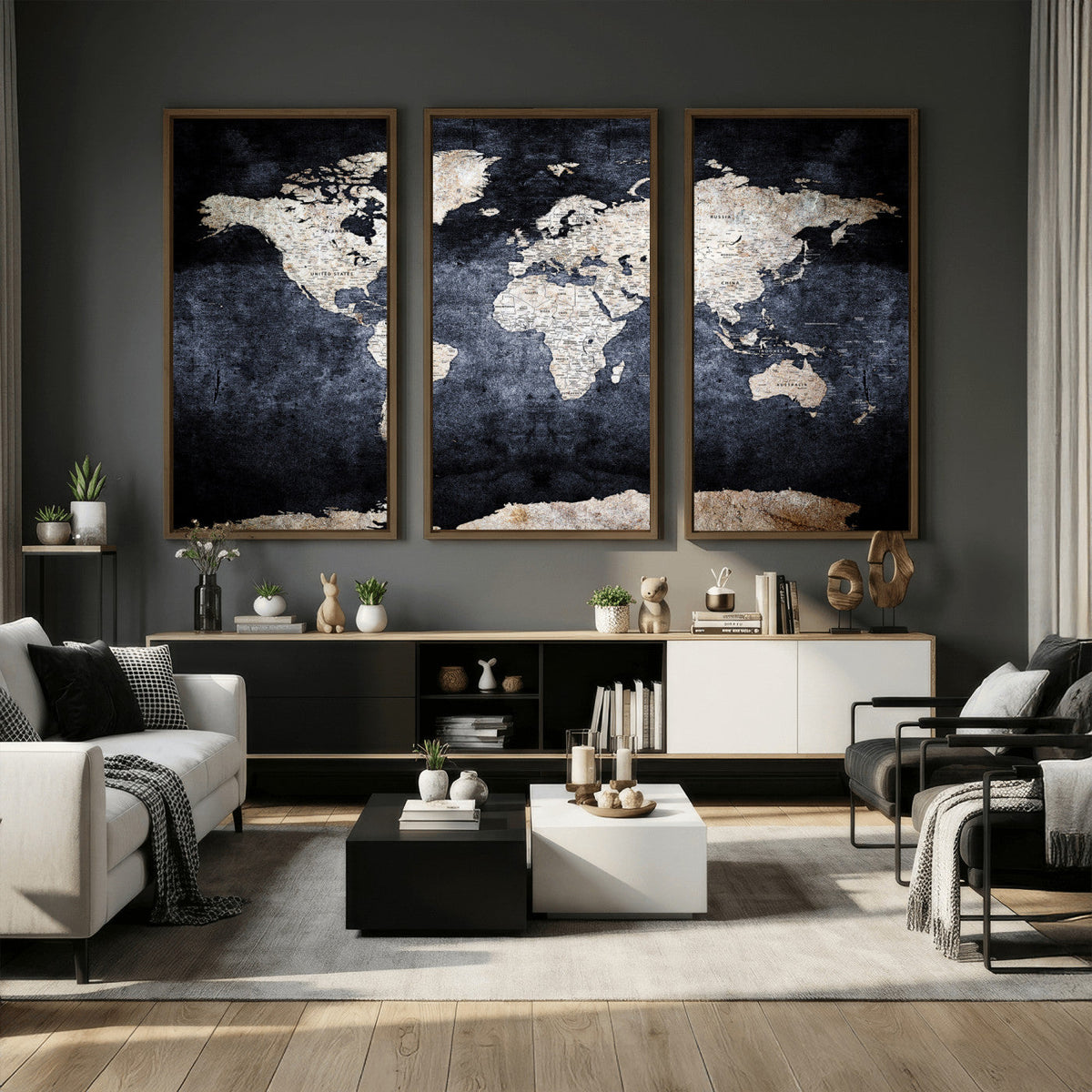 Vintage World Map Canvas Wall Art – Antique Triptych Map