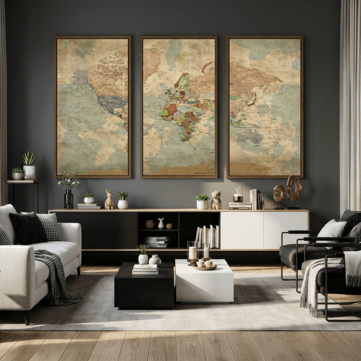 World Map Wall Art Canvas Print, Rustic Map Print, Framed
