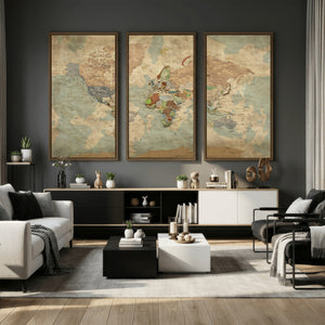 World Map Wall Art Canvas Print, Rustic Map Print, Framed