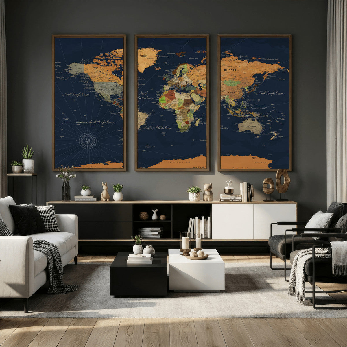 Modern World Map Canvas Print – Framed Detailed Map of the
