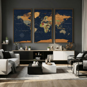 Modern World Map Canvas Print – Framed Detailed Map of the