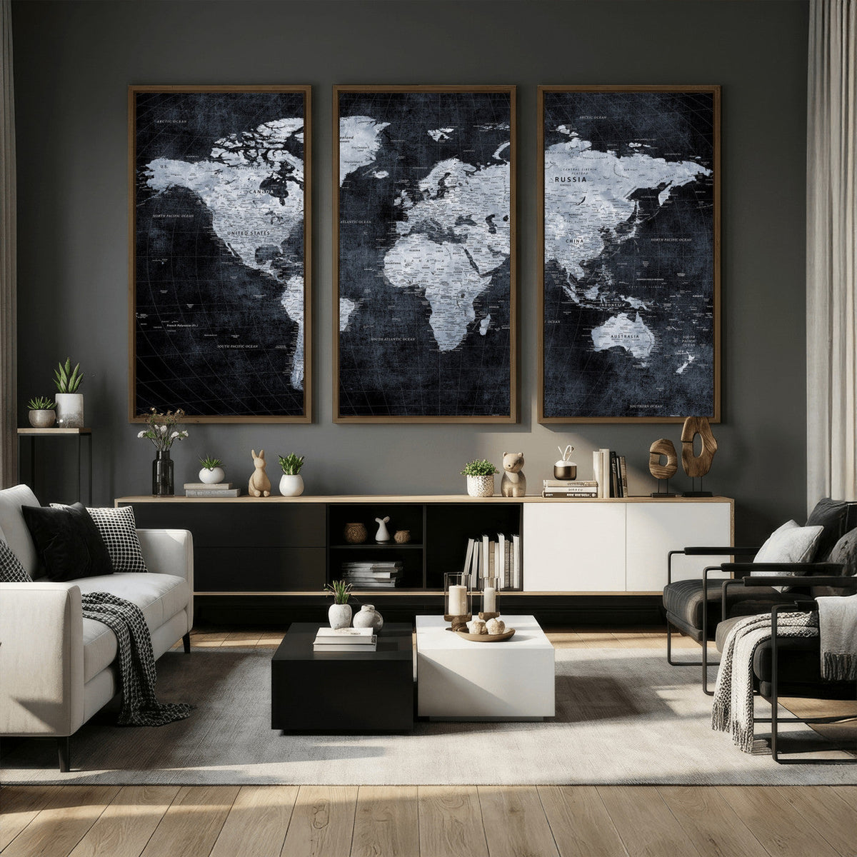 Black World Map Canvas Print – Detailed Map for Couples and