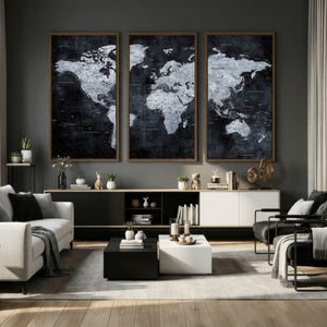 Black World Map Canvas Print – Detailed Map for Couples and