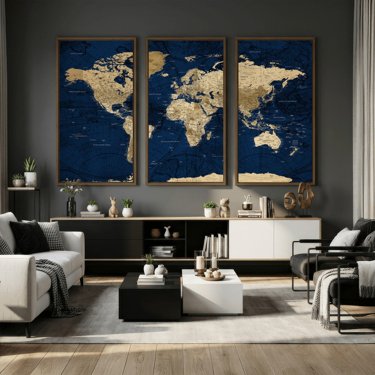Navy Blue World Map Canvas Print – Detailed Map Minimal Navy