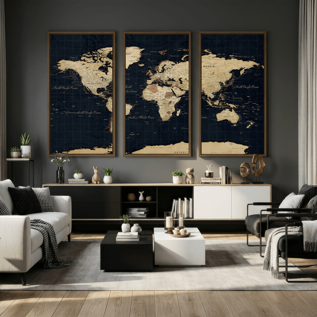 Dark World Map Canvas Wall Art Print, Minimal Black and Gold