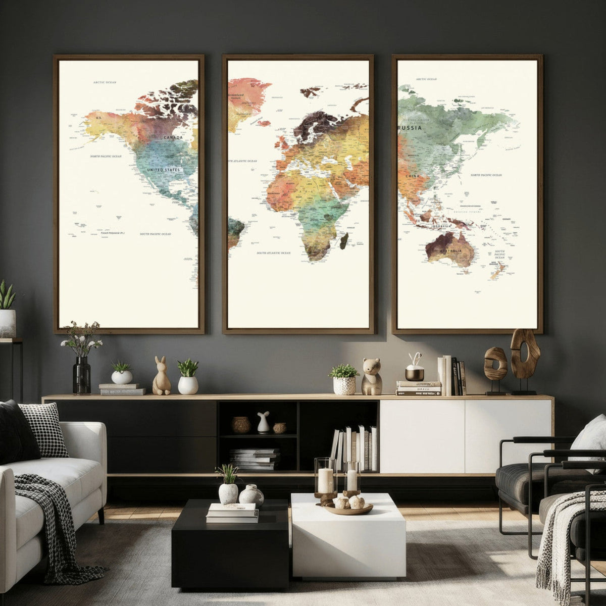 Framed World Map Wall Art Canvas Print for Living Room and